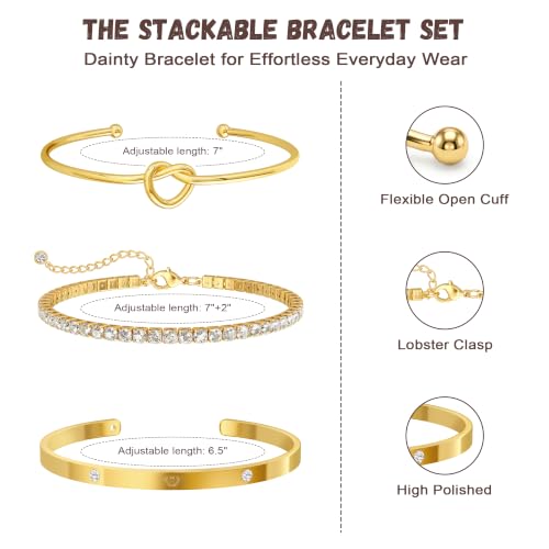 Gold Bracelets for Women, 3 Pcs 14K Gold Plated Stackable Bracelet Set, Dainty Love Knot Bangle, CZ Tennis Bracelet, Open Cuff Bracelet for Women, Adjustable Jewelry Gift for Daily Wear — view 4