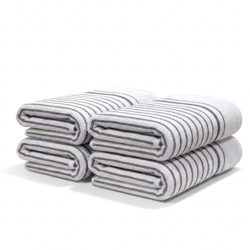 Image of Athom Living Premium Hand Towels- Cotton, 400 GSM, Ultra Soft, Quick Dry, Highly Absorbent | for Hand, Kitchen and Gym | 60 * 40 cm, Pack of 4 (White with Grey Stripes)