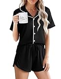 Ekouaer Pajamas for Women Set Button Up Sleepwear 2 Piece Pjs Lounge Set Short Sleeve Nightwear Black M