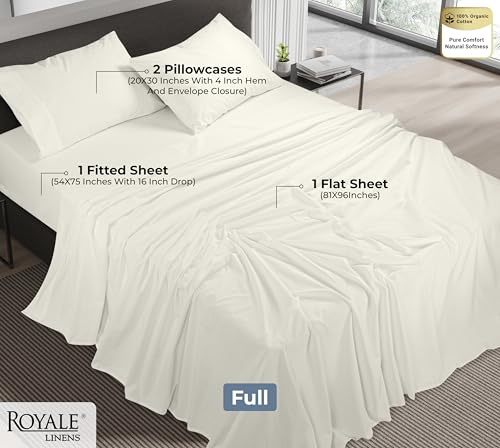 Image of ROYALE LINENS 100% Organic Cotton Full Sheet Set - Percale Weave - 4 Pieces Set - 1 Flat, 1 Deep Pocket Fitted Sheet and 2 Pillowcases - Ivory Bed Sheets - Sabanas Full - Crisp Cool (Ivory)