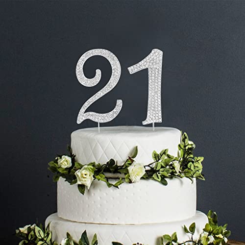 Number Cake Topper 21, Uniideco Silver Rhinestone Premium Metal Bling Bling Cake Decor, Sparkly Happy Birthday Wedding Anniversary Party Decoration Centerpiece #TOP1