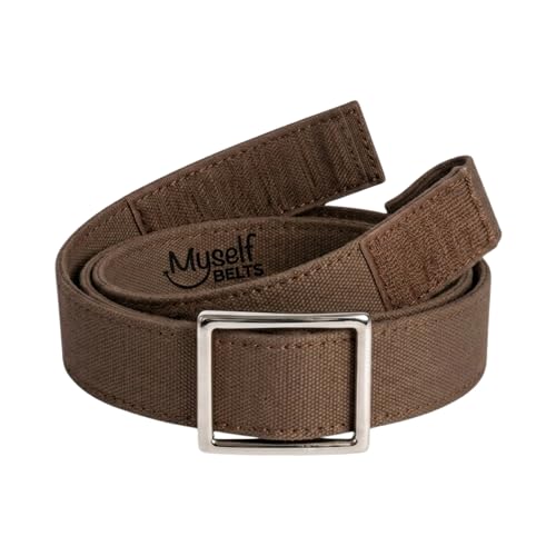 Myself Belts Kids One Hand Belt Ages 212 | Brown Canvas Design | Adjustable Hook & Loop Closure with Decorative Buckle | Easy to Wear School Uniform Accessory | Fashionable & Functional