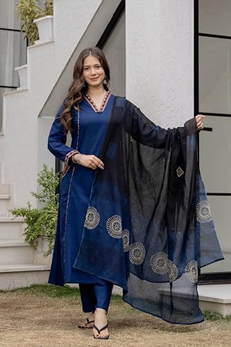 Image of MEERA FAB Women Floral Printed Pure Cotton Straight V-Neck Kurta with Palazzos & Dupatta
