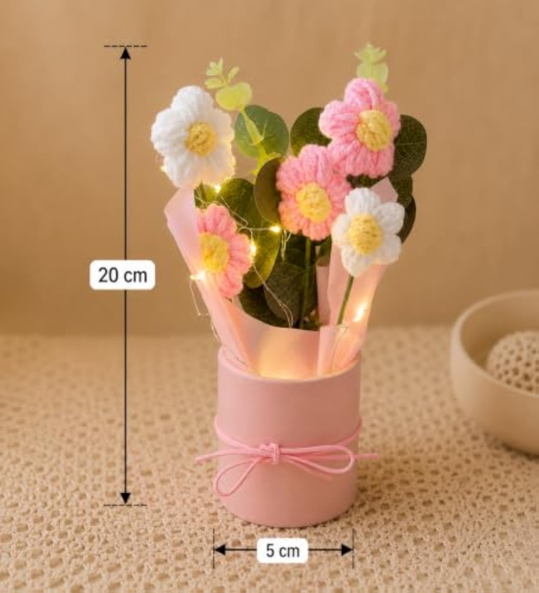 Pink Artificial Crochet Flower Bouquet with LED Light