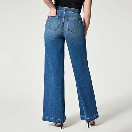 Jeans Pull-On Perna Larga - Calça Jeans Cintura Alta Elástica Com Costura Frontal,Calças casuais par