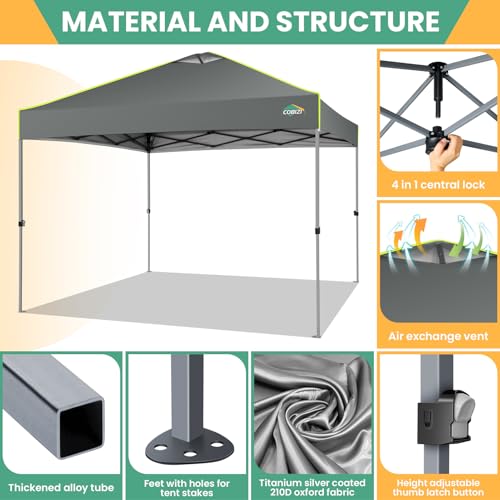 Image of COBIZI 10x10 Pop Up Canopy - One Push Setup Tent, Glow Strips, 4 Sidewalls