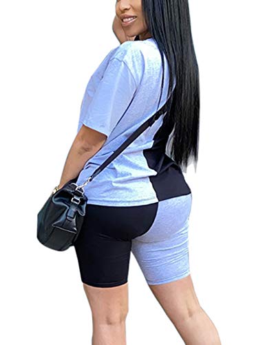 Shorts 2 Piece Outfits For Women,Casual Color Block Short Sleeve Tops Bodycon Short Tracksuit Set #TOP1