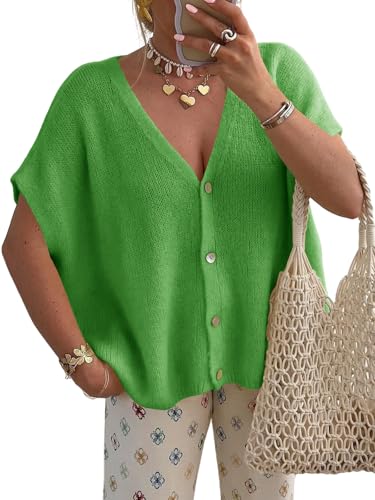 Image of Saodimallsu Womens Summer Oversized Cardigans Batwing Short Sleeve Lightweight Button V Neck Casual Knit Sweater Tops