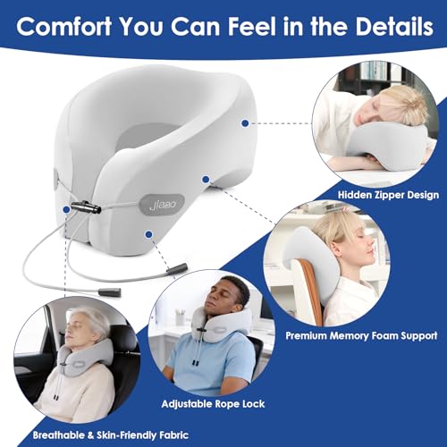 Image of jiaao Travel Pillow Memory Foam Neck Pillow for Airplanes with Adjustable Drawstring Support, Gray Travel Neck Pillow for Flights, Road Trips, Trains & Everyday Travel