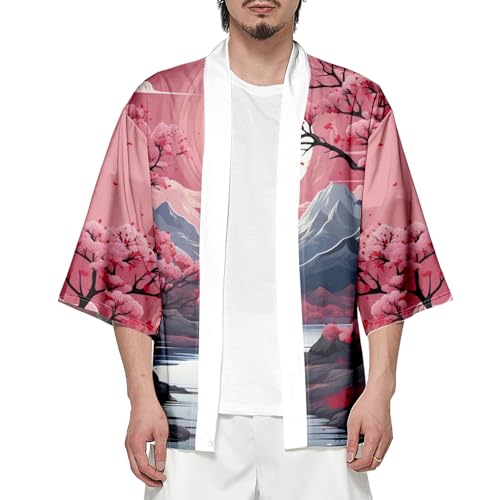 Image of DOSLAVIDA Men's Japanese Kimono Jacket Set Stylish Open Front Coat With Shorts Chinese Style Printed Cardigan Suit
