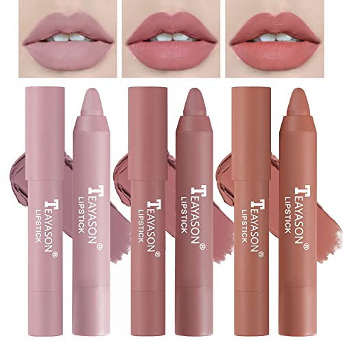 3 Colors Matte Lipstick Crayon Set,Nude Lipstick Velvet Air Lip Crayon Lip Stain Long Lasting Waterproof Lipstick For Women Makeup, Lip Stick Texture Silky Non-Fading Lipgloss Hydrating Lip Gloss #TOP6