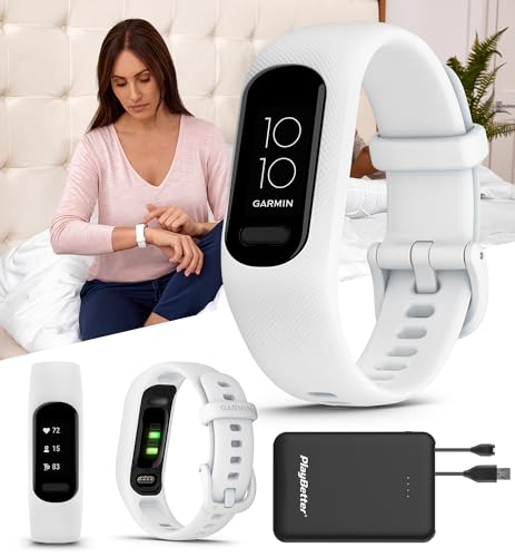 PlayBetter Garmin vivosmart 5 Fitness Tracker (White, S/M) Power Bundle - Wrist Heart Rate Monitor & Sleep Tracker - Comfortable & Easy to Use Wrist Bands, Phone GPS 5000mAh Portable Charger