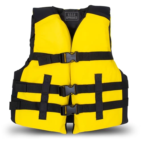 MW Watersports Youth Neoprene Nylon, USCG Approved Life Jacket for Kids, Great for Boating, Fishing, Tubing, & Other Water Sports. (Yellow/Black, 50-90 lbs)