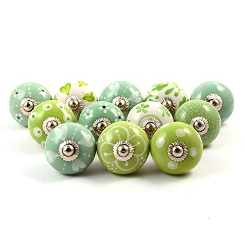 Eleet Handpainted Designer Ceramic Knobs - Pack of 12 Green