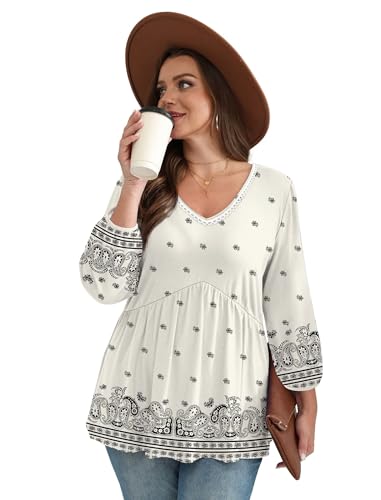 Image of OFEEFAN 3 /4 Length Sleeve Womens Tops 2026 Blouses for Women Dressy Casual Fashion Clothing V Neck Babydoll Tops Fall Outfits