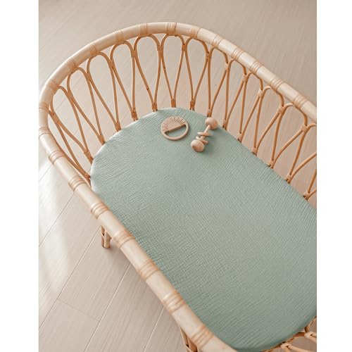 Image of Konssy Muslin Bassinet Sheets for Baby Girl Boy, 2 Pack Soft Breathable Baby Bassinet Mattress Sheets Fit for Hourglass Oval Cradle, Moses Basket Rectangle Mattress (Green, Green Leaves)