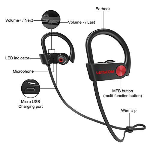 LETSCOM Bluetooth Headphones V5.0 IPX7 Waterproof, Wireless Sport Earphones, HiFi Bass Stereo Sweatproof Earbuds W/Mic, Noise Cancelling Headset for Workout, Running, Gym, 8 Hours Play time
