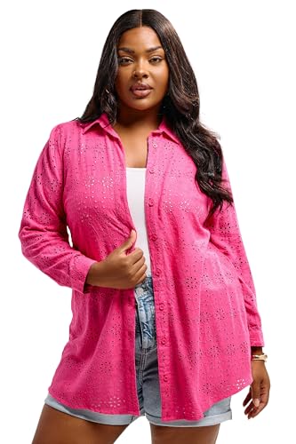 Image of Yours Curve Hot Pink Broderie Anglaise Long Sleeve Shirt - Women's - Plus Size Curve
