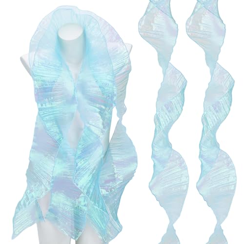 letsinstyle Iridescent Pleated Chiffon Trim, 10 Yards x 5.5", Cyan
