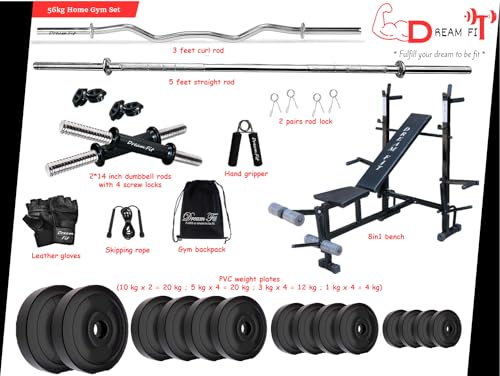 Image of DREAM FIT PVC Home Gym Set - 56 Kg with 8in1 Gym Bench, 3 ft Curling Rod, 5 ft Straight Rod, 1 Pair Dumbbell rods and Gym Accessories (56kg)