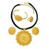 ETH-JE-G Ethiopian Jewelry Sets Big Pendant Black Rope and Earrings Bracelet Ring for African Wedding, Traditional Jewelry for Women, Eritrean Jewelry