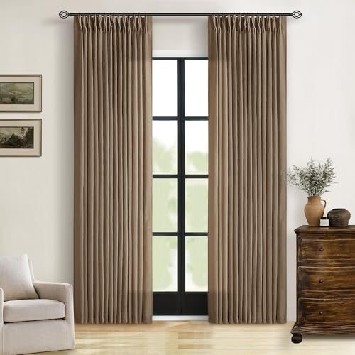 Image of Brown 80 Inch Pinch Pleated Linen Curtains 2 Panels Set for Living Room Bedroom Boho Farmhouse Light Filtering Semi Sheer Back Tab Pinch Pleat Hooks Rings Window Curtain 80 Inches Long Dutch Cocoa