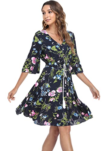 Image of VintageClothing Women's Floral Sundresses Flowy Boho Summer Beach Dress | Lightweight Breathable material,Elegant V Neck and Button Front Design,Flared Bell Sleeve Cut,Mini Casual dress