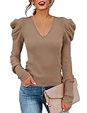 Amarmia Women's Long Puff Sleeve Knit Pullover Sweaters Casual V Neck Ribbed Solid Soft Slim Fit Sweater Blouse Tops Khaki
