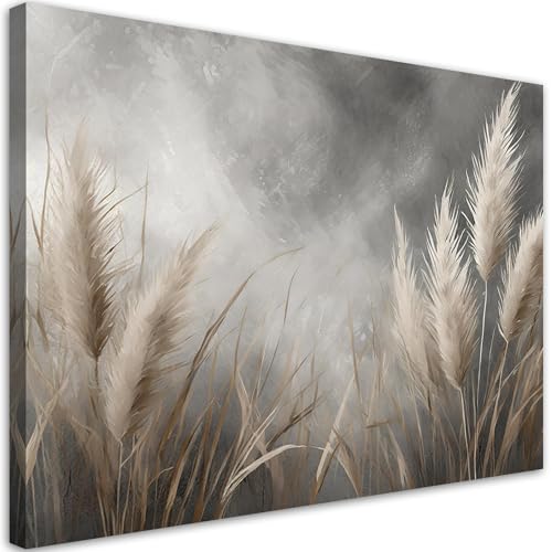 Feeby Leinwandbild - Bilder Wohnzimmer - Gras Natur Botanik Grau - 120x80 cm XXL 1tlg - Deko Schlafzimmer - Wanddekoration - Aesthetic - Groß Moderne Bild - Foto auf Leinwand