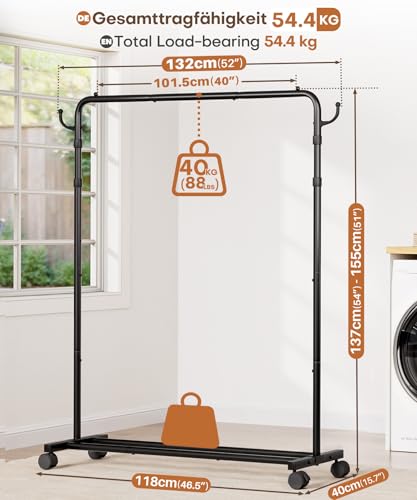Yorbay Multifunktioneller Höhenverstellbarer Kleiderständer auf Rollen: Robuste Kleiderstange aus Metall mit Gepäckablage - Platzsparende Garderobenständer für Schlafzimmer Waschküche (117,5 cm)