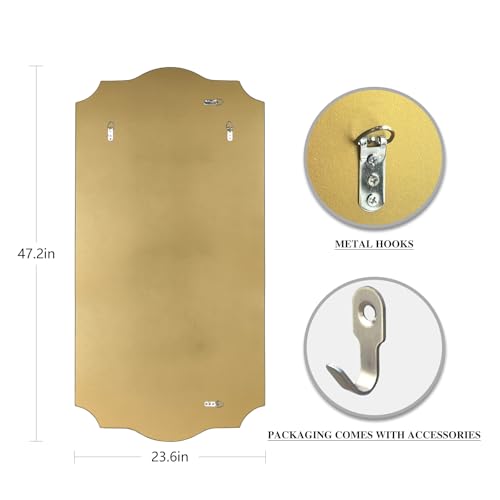 Image of POZINO 47 inchx24 inch Large Scalloped Wall Mirror, Gold Elegant Decorative Mirror | Thickened Wooden Frame, HD Glass, Horizontal /Vertical Hanging, Rectangle Wavy Wall Mirror for Entryway Bedroom Living Room