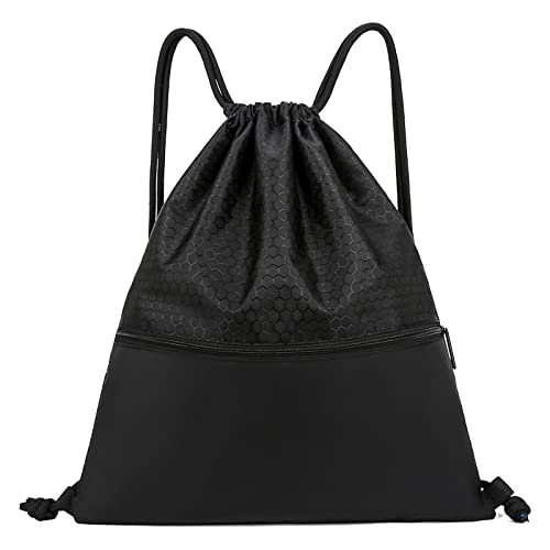 Vipoko Drawstring Backpack Water Resistant String Basketball Volleyball Bag Sack Sports Gym Sackpack With Side Pocket For Men Women Black #TOP28