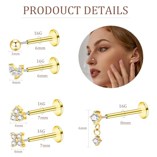 20G 18G 16G Gold Threadless Flat Back Earrings Surgical Steel Push in Nose Stud Rings 18K Gold Plated Hypoallergenic Cartilage Earring Set Helix Conch Medusa Tragus Piercing Jewelry for Women2