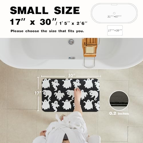Halloween Bath Mat, Thin Halloween Bathroom Rug Non Slip Quick Dry Ghost Bath Mat Fits Under Door Thin Floor Mat Halloween Decor, 17''x30'', Spooky Ghosts Black