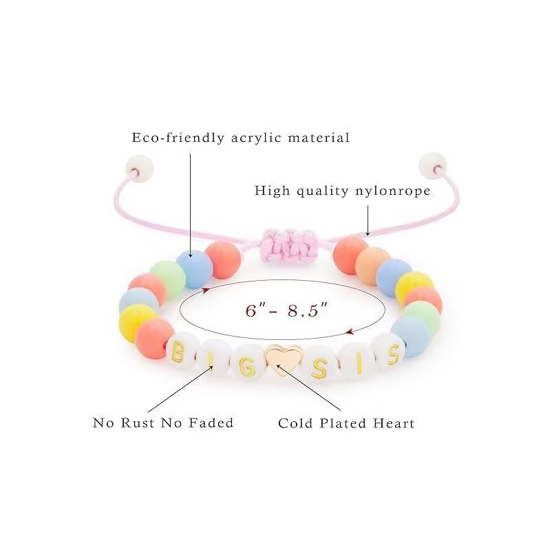 Image of Big Sister Gifts For Little, Pastel Rainbow Heart Rainbow Ball Big Little Sister Bracelet Announcement, Birthday Jewelry