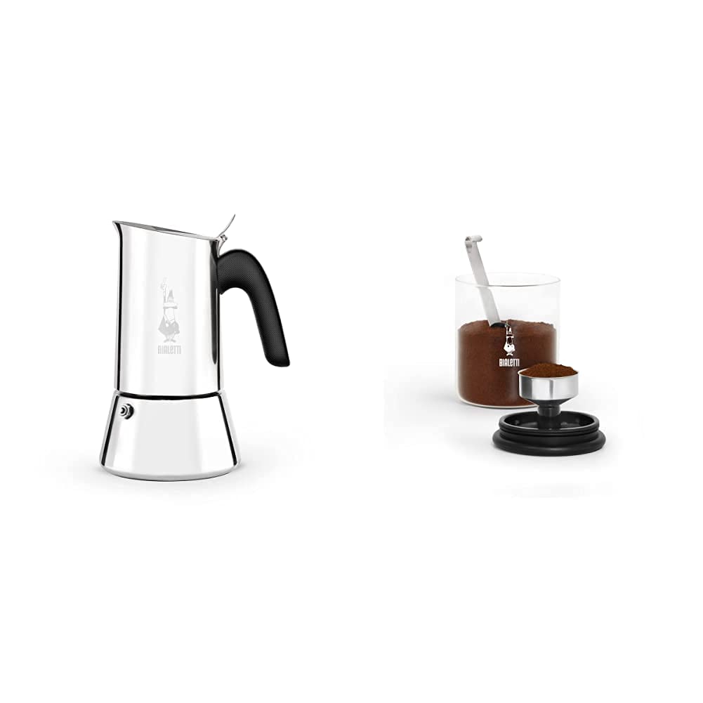 Bialetti New Venus Caffettiera in Acciaio Inox, Adatta all'Induzione, Argento, 6 Tazze + Bote Moka para café de 250 g (con tapa), cristal
