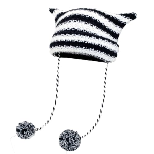 ポンポン付きシャギーボーダー猫耳ニット帽