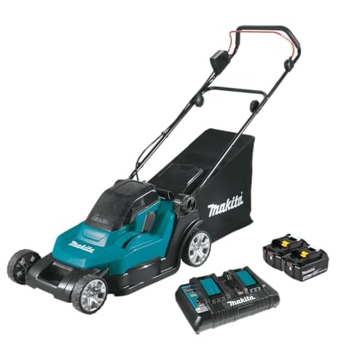 Kompakter Makita Akku-Rasenmäher mit Doppelladegerät