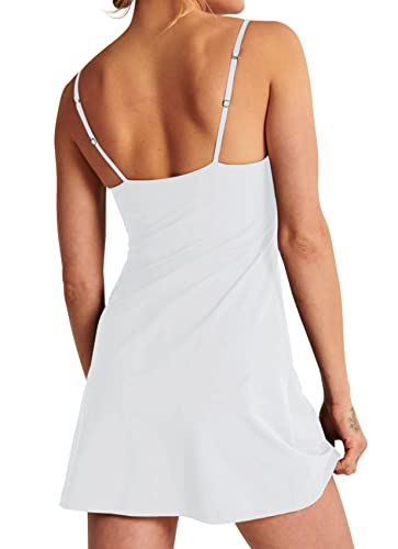 Womens Summer Tennis Dress Workout Mini Dress With Built-In Bra & Shorts Pockets Sleeveless Golf Athletic Dresses White #TOP3