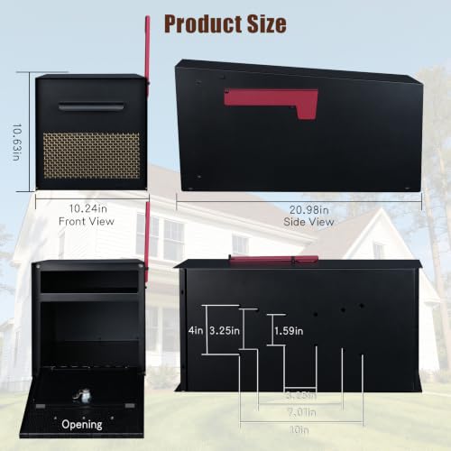 X-Large Mailboxes for Outside Post Mount Mailbox, Galvanized Steel Key Lock Mail Box with Magnetic Latch & Fine Mesh Decorative Door, Weather Resistant, 20.9 x 10 x 10.6 Inches, Black by JOYMILE - Used condition - Image 3