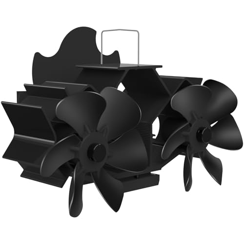 PlayDen Ventilador magnético de doble cabeza para estufa con 12 aspas accionado térmicamente sin fuente de alimentación con termómetro