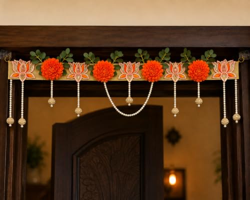 Image of Premium Lotus Toran for Main Door Entrance|Handmade Orange Lotus Flower Banderwal with Pearl Hanging & Green Leaves|Decorative Door Hanging for Diwali, Pooja, Wedding & Home Decor|38 in.