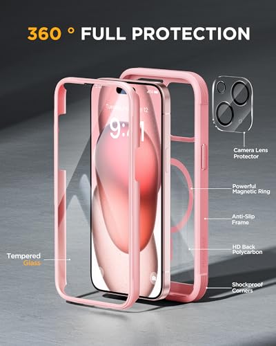 Image of Miracase Magnetic for iPhone 15 Plus Case 6.7'' [Compatible with Magsafe] Full-Body Military Drop Proof 15 Plus Phone Case Cover with Built-in 9H Tempered Glass Screen Protector,Magnetic Pink