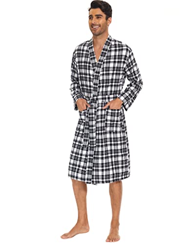 Zerbala Men's Cotton Flannel Robe Plaid Bathrobe L Black #TOP2