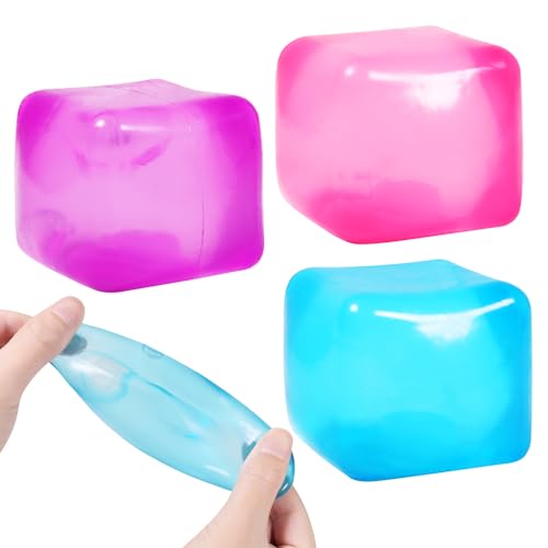 3pack Stress Cube Squishy Stress Balls for Kids Ice Cubes Squishy for Adults Fidget Toy for Your Best Mellow and Chill Square Shape with Filling in Pink Purple Blue for All Age (3pcs)