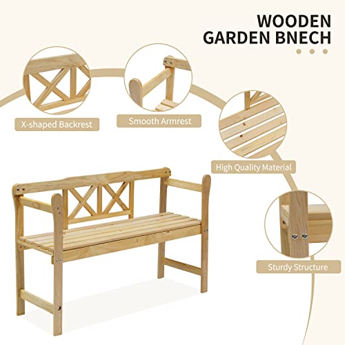 Vicatova Wooden Garden Bench, 2 Person Wood Outdoor Bench With X-Shaped Back And Armrest, Front Porch Chair Bench For Porch, Yard, Park, Lawn #TOP5