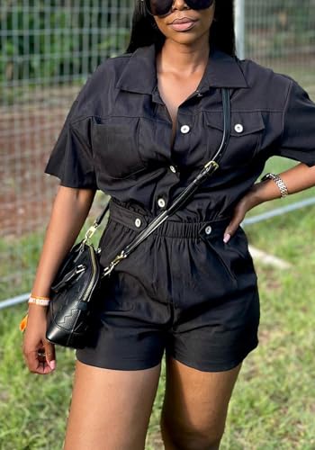Kwunbwa D88202-BLACK-L Cargo Jumpsuits For Women, Summer Short Sleeve Rompers Casual Stretchy Elastic Waist Button Down Jumpsuits 2024 thumb #2