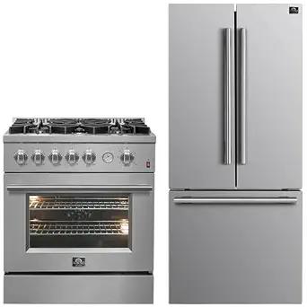 FORNO Giovanni 30" Stainless Steel Gas Range and Gallipoli 30" French Door Refrigerator Bundle
