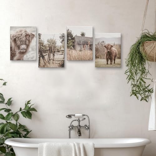 Image of Vintage Farm Cow Farmhouse Decor Cow Prints Canvas Wall Art Prints Pictures Wall Decor for Home Bedroom Office Bathroom Rustic Western Country Birthday Housewarming Gifts 4PCS,Framed,8x10IN