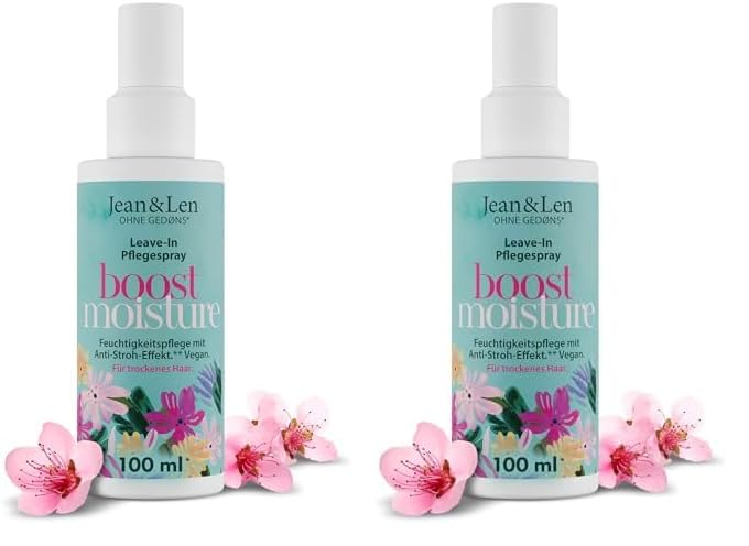 Jean & Len Boost Moisture Leave In Pflegespray, für trockenes Haar, mit Anti-Stroh-Effekt, Leave In Haarpflege, mit Aloe Vera, für glänzendes Haar, ohne Parabene & Silikone, vegan, 100 ml